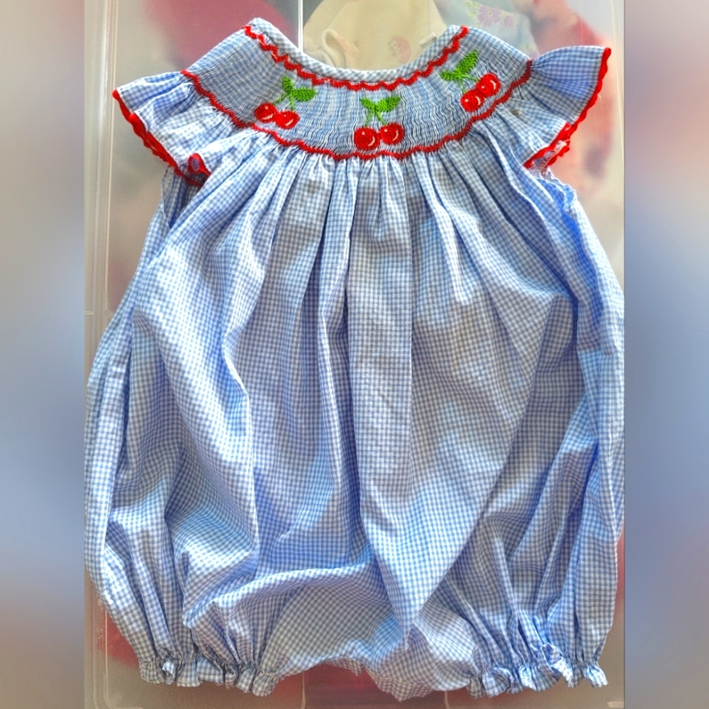 Babeeni Smocked 9 Months Blue Gingham Bubble with Snap Bottom